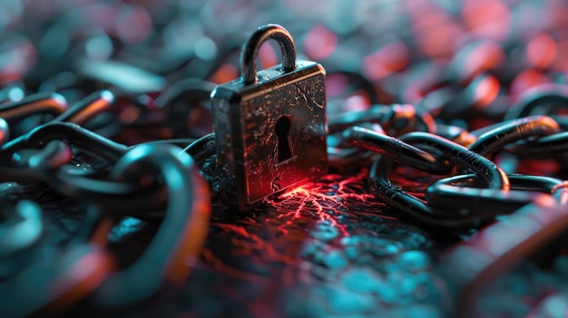 Photo a detailed closeup of a lock on a chain suitable for security protection or privacy concepts