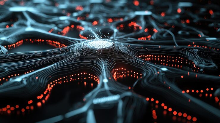 Photo a detailed closeup of a machine learning algorithm visualized as a complex multilayered neural network with interconnected nodes set against a dark background with glowing lines of code and