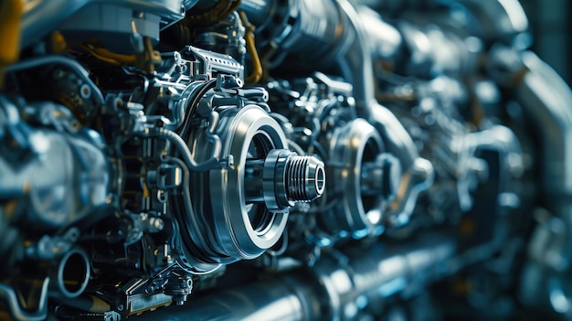 Foto close-up dettagliato di un motore moderno prodotto in una fabbrica che mostra un design intricato e una tecnologia avanzata