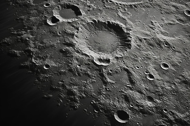 A detailed closeup of the moon's craters in monochrome