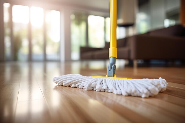 Detailed closeup of a mop ready to tackle any mess on your sleek wooden floors