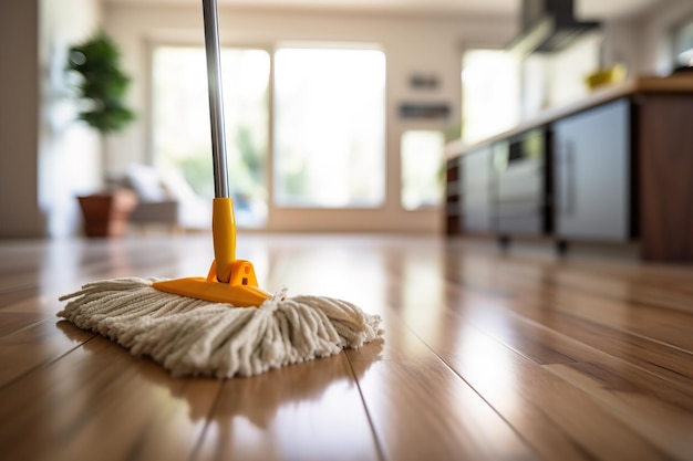 Detailed closeup of a mop ready to tackle any mess on your sleek wooden floors