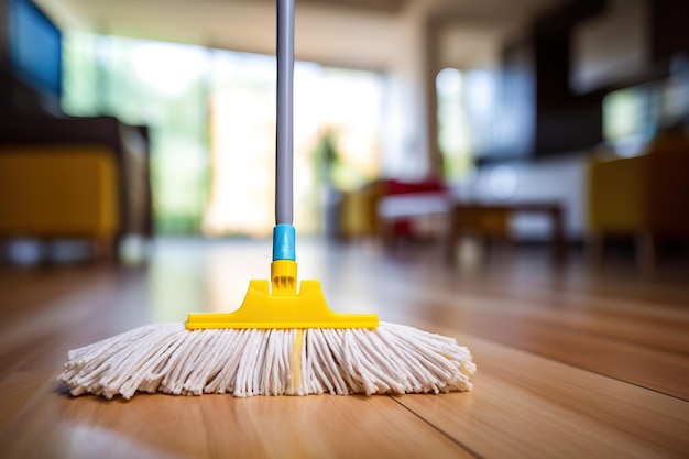 Detailed closeup of a mop ready to tackle any mess on your sleek wooden floors