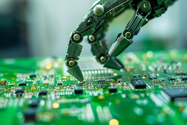 ロボットの手が 複雑な緑色のテクノロジーを 作り出している 詳細なクローズアップ