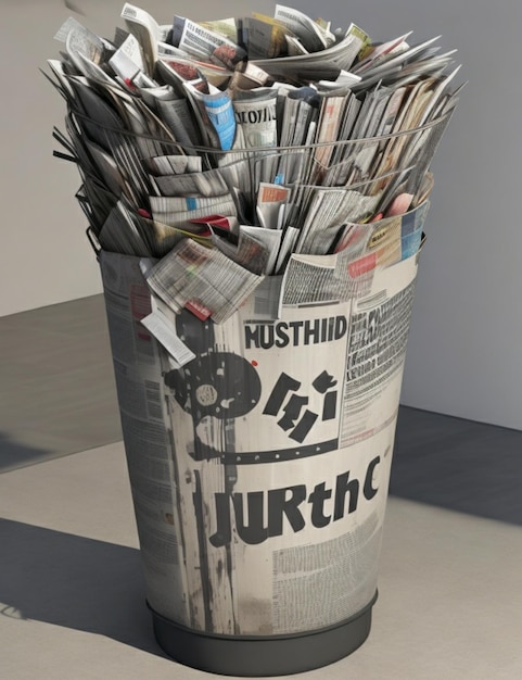 A detailed closeup of a rustcovered dustbin overflowing with crumpled up newspapers