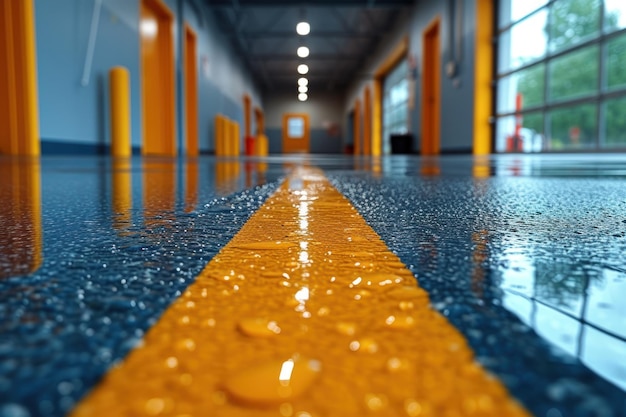 A detailed closeup of a sanitized and polished hallway with a prominent yellow line on the floor