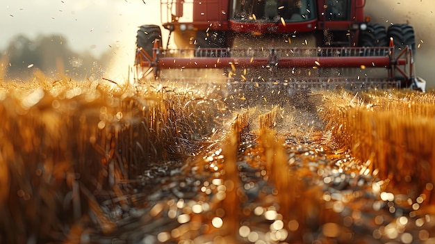 In a detailed closeup the sharp blades of the combine harvester slice through the stalks of