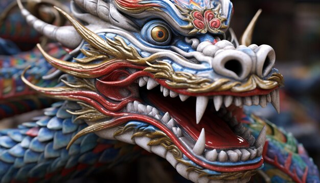 A detailed closeup shot of a Chinese dragon sculpture