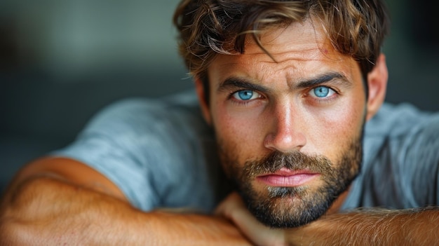 A detailed closeup shot of a man with striking blue eyes