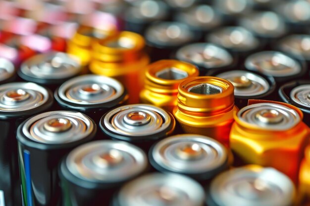 Photo detailed closeup shot of multiple batteries cells generate ai