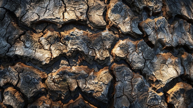 Detailed closeup shot of a tree trunk with numerous cracks and patterns