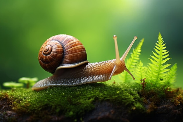 A detailed closeup of a snail navigating through vibrant green moss and ferns bathed soft sunlight