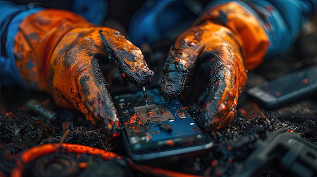 Detailed closeup of a technician39s hands meticulously repairing a smartphone showcasing pre