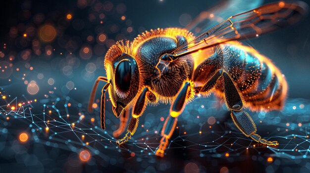detailed closeup view of a honeybee with glowing intricate details surrounded by a network of interconnected lines and particles