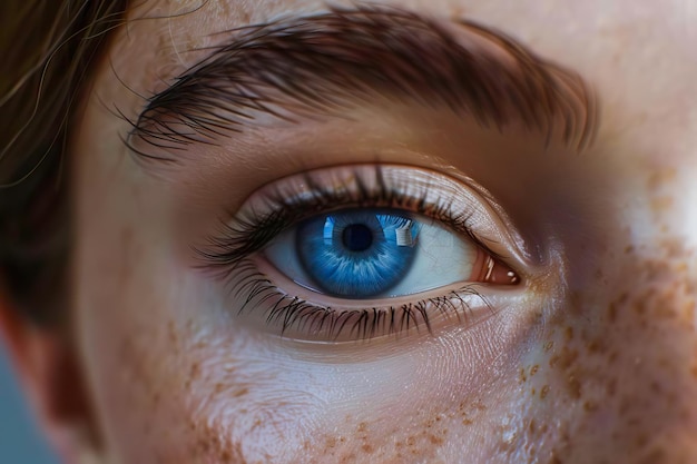 Una vista dettagliata da vicino di un occhio blu umano che evidenzia la sua bellezza realistica