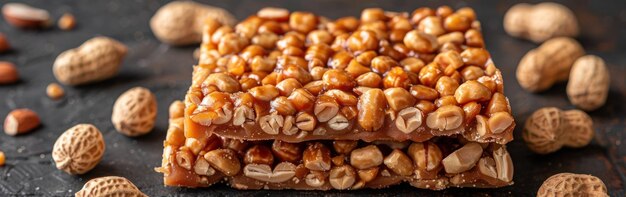 A detailed closeup view of a piece of food consisting of caramel with peanuts placed on a table