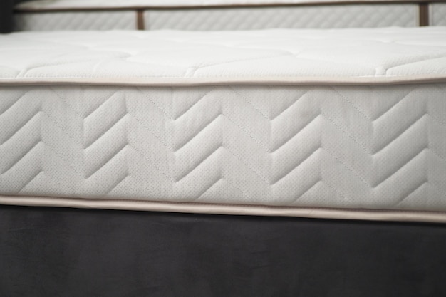 detailed closeup view of a white mattress showcasing knitted design offering comfort and style