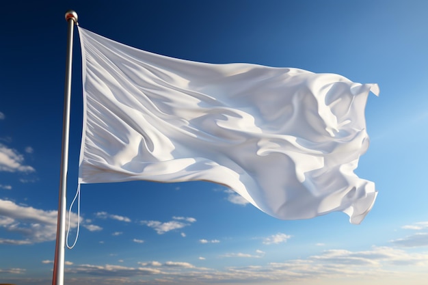 Детальный крупный план белого флага, гордо развевающегося на флагштоке