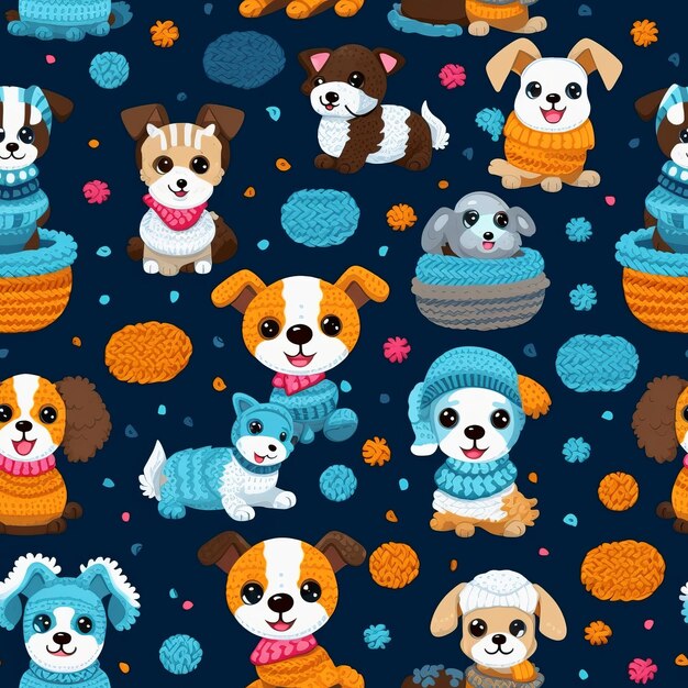 Photo detailed crochet texture and rich colors a delightful kids pattern featuring cartoon puppies and bo