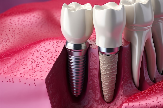 精密な技術と専門知識を示す詳細な歯科インプラントのフィッティングイラスト