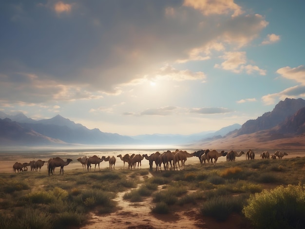 Detailed depiction of a group of camels peacefully roaming in the vast desert landscape Realistic