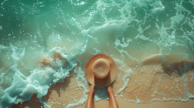 Детальная цифровая иллюстрация девушки с ногами в океане, сидящей на пляже в шляпе