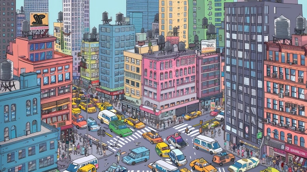 Detailed drawing of a busy city street filled with startups AI generated illustration