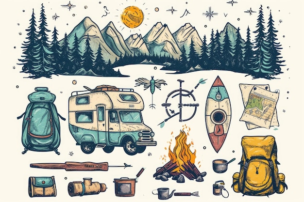 Photo a detailed drawing of a camper van along with various other items perfect for travel enthusiasts and campingthemed designs