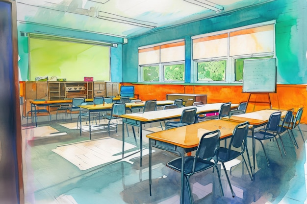 A detailed drawing of a classroom showing neatly arranged desks and chairs placed in rows Colorful drawing of a silent empty kindergarten classroom AI Generated