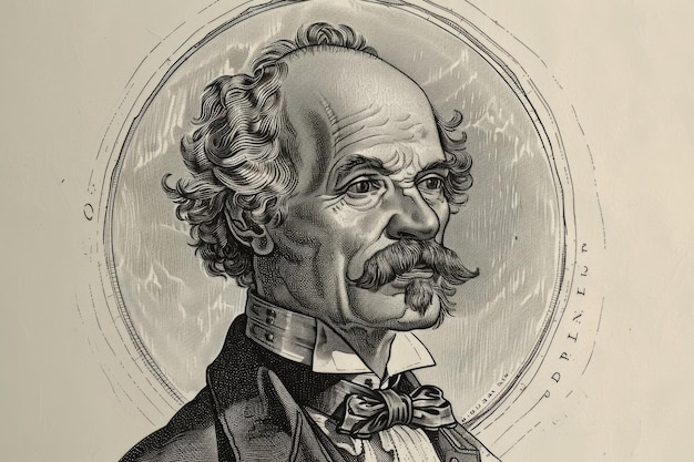 A detailed drawing of a distinguished man sporting a prominent mustache captured in a vintage portrait engraving