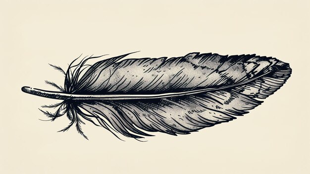 A detailed drawing of a single feather with a quill The feather is black with a white tip and has a soft fluffy texture