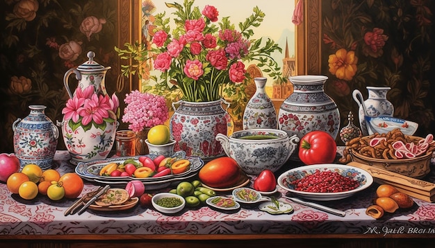 전통적인 HaftSeen 테이블의 상세한 그림