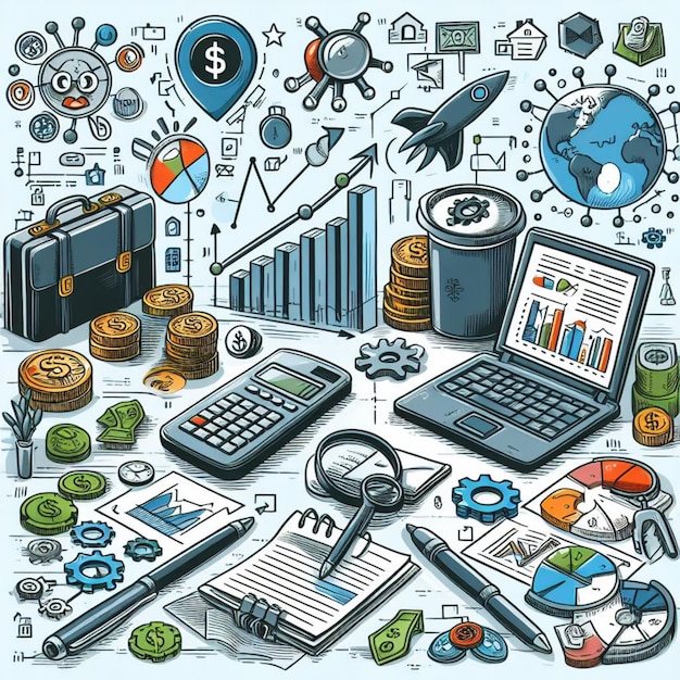Photo detailed drawings depicting business and financial themes