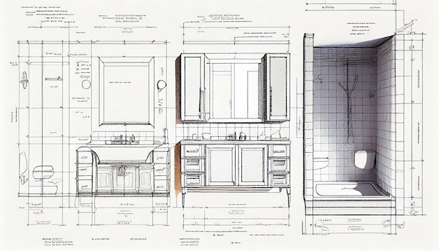 Detailed drawings of plans for a bathroom Generative AI