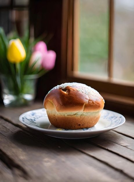 Foto panino di pasqua dettagliato atmosfera accogliente messa a fuoco nitida