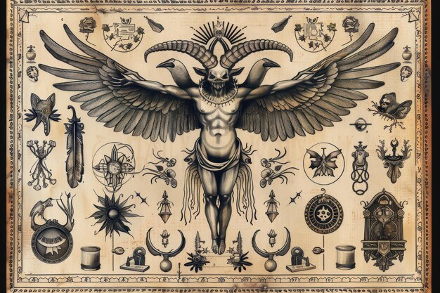 A detailed engraving of Baphomet surrounded by mystical artifacts and symbols of alchemy