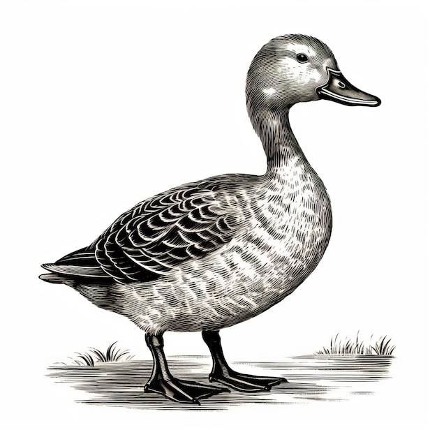 Photo detailed engraving of a drab duck in black and white