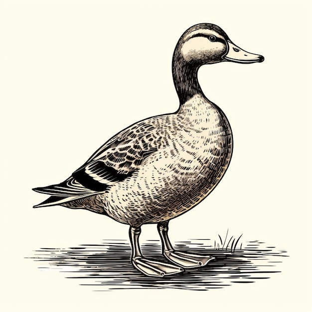 Detailed Engraving Of A Hand Drawn Duck Bird Illustration