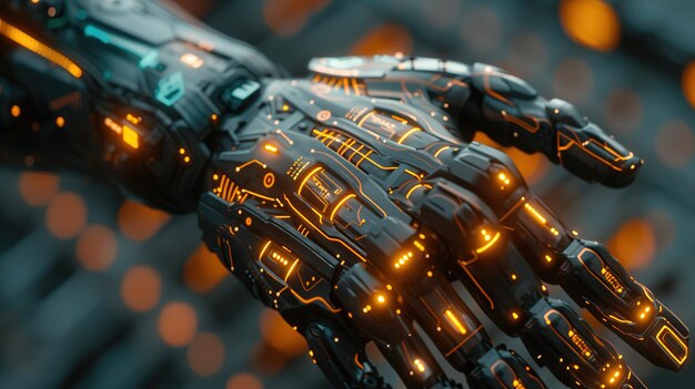 Detailed examination of cybernetic arm glowing circuitry and intricate patterns underlining the pros