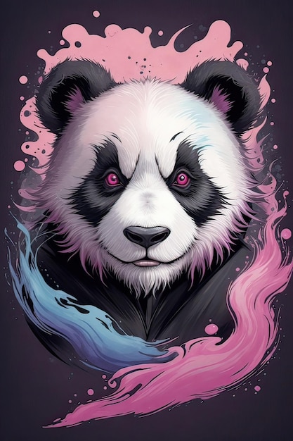 A detailed face illustration evil panda ninja panda magic tshirt design magenta dark magic spla