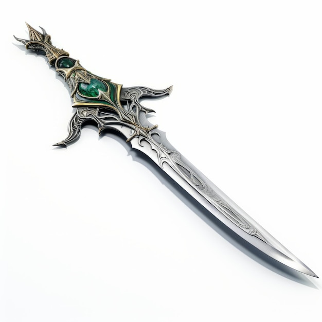 Detailed Fantasy Art Green Crystal And Iron Sword On White Background