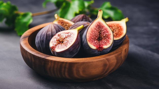 Detailed Fig In Wooden Bowl On Dark Gray Stone Background