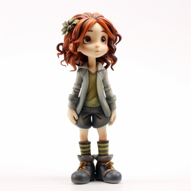 Photo detailed figurine of orange red haired girl in jacket studio portrait