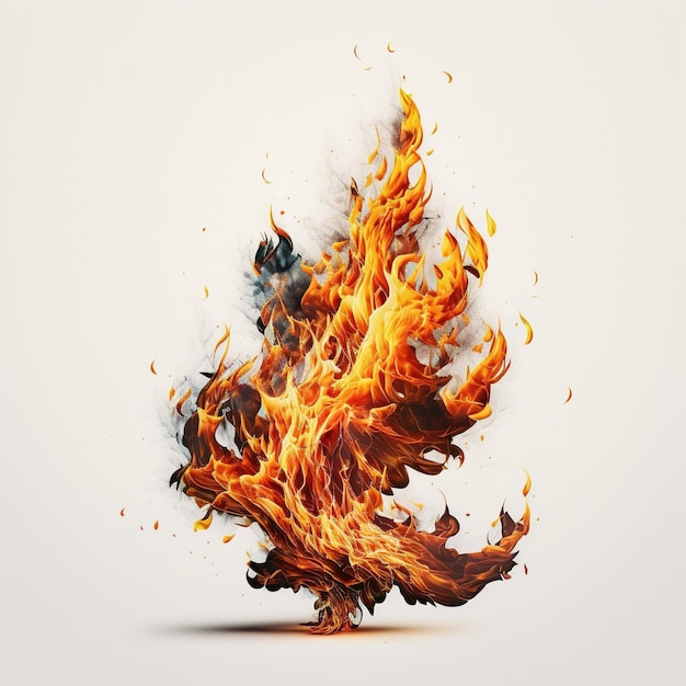 Detailed fire flames and smoke on white background created using generative ai technology