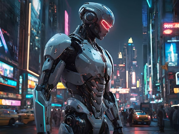 Detailed Futuristic Cyborg with City and Skyscrapers Landscape with Pedestrians and Car at Night