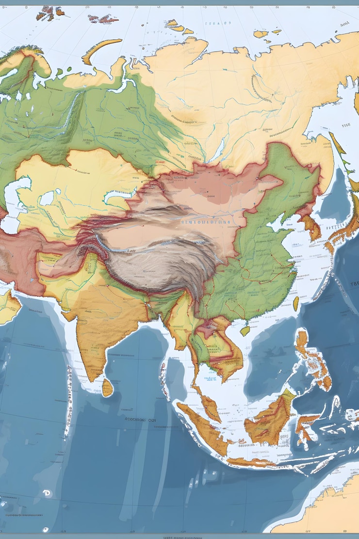 Photo アジアの詳細な地理的表現 カラーコードの国と主要な地理的fの地図