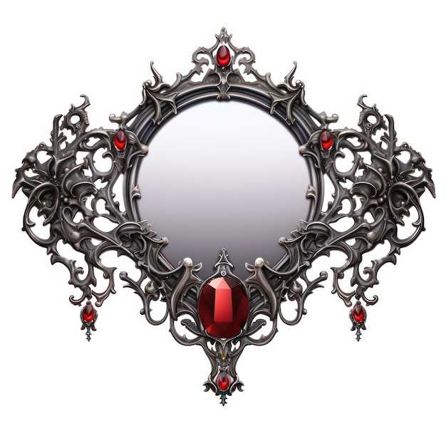 흰색 배경에 분리된 상세한 고딕 양식의 검은색과 빨간색 거울
