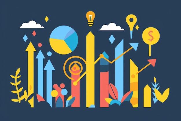 Photo detailed graphic of a chart with arrows and a pie chart ideal for business presentations