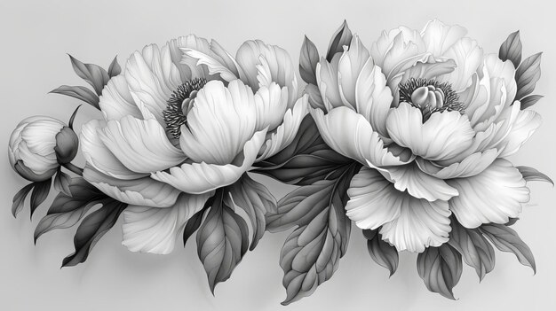 Detailed hand drawn peony flower illustration in vintage style with gray flower Oriental style background in Chinese style