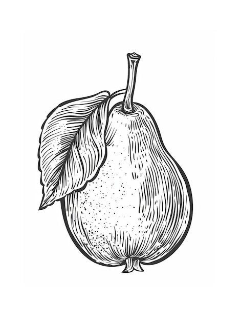 Detailed handdrawn black and white pear with leaf on clean white background botanical illustration